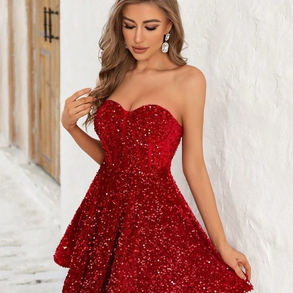 Red Preppy Womens Sequin Tube Formal Dress - Picture 5 of 6